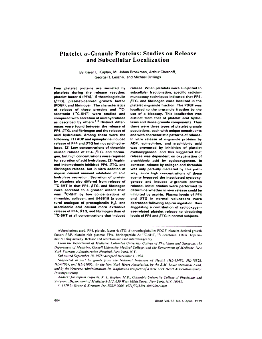 First page of Platelet alpha-granule proteins: studies on release and subcellular localization