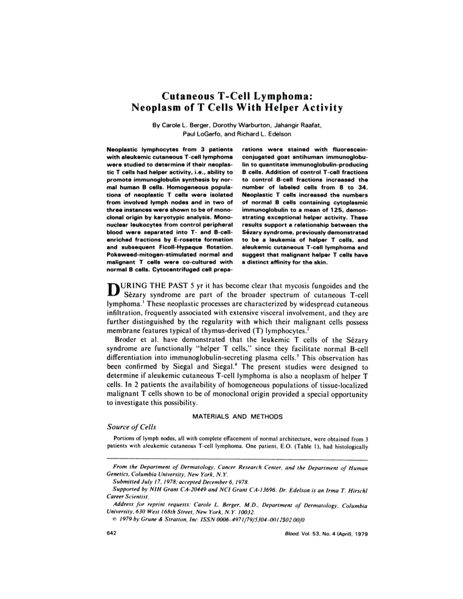 First page of Cutaneous T-cell lymphoma: neoplasm of T cells with helper activity