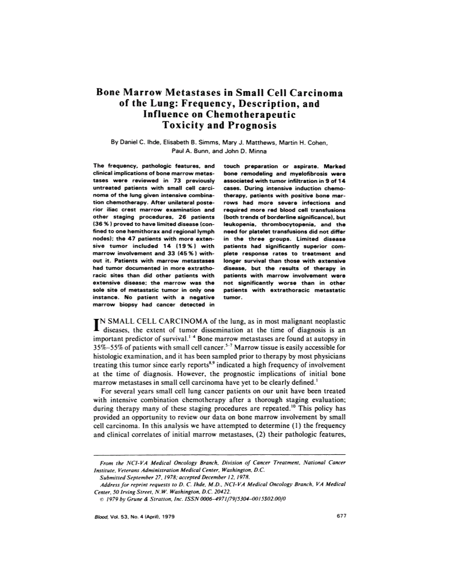 First page of Bone marrow metastases in small cell carcinoma of the lung: frequency, description, and influence on chemotherapeutic toxicity and prognosis