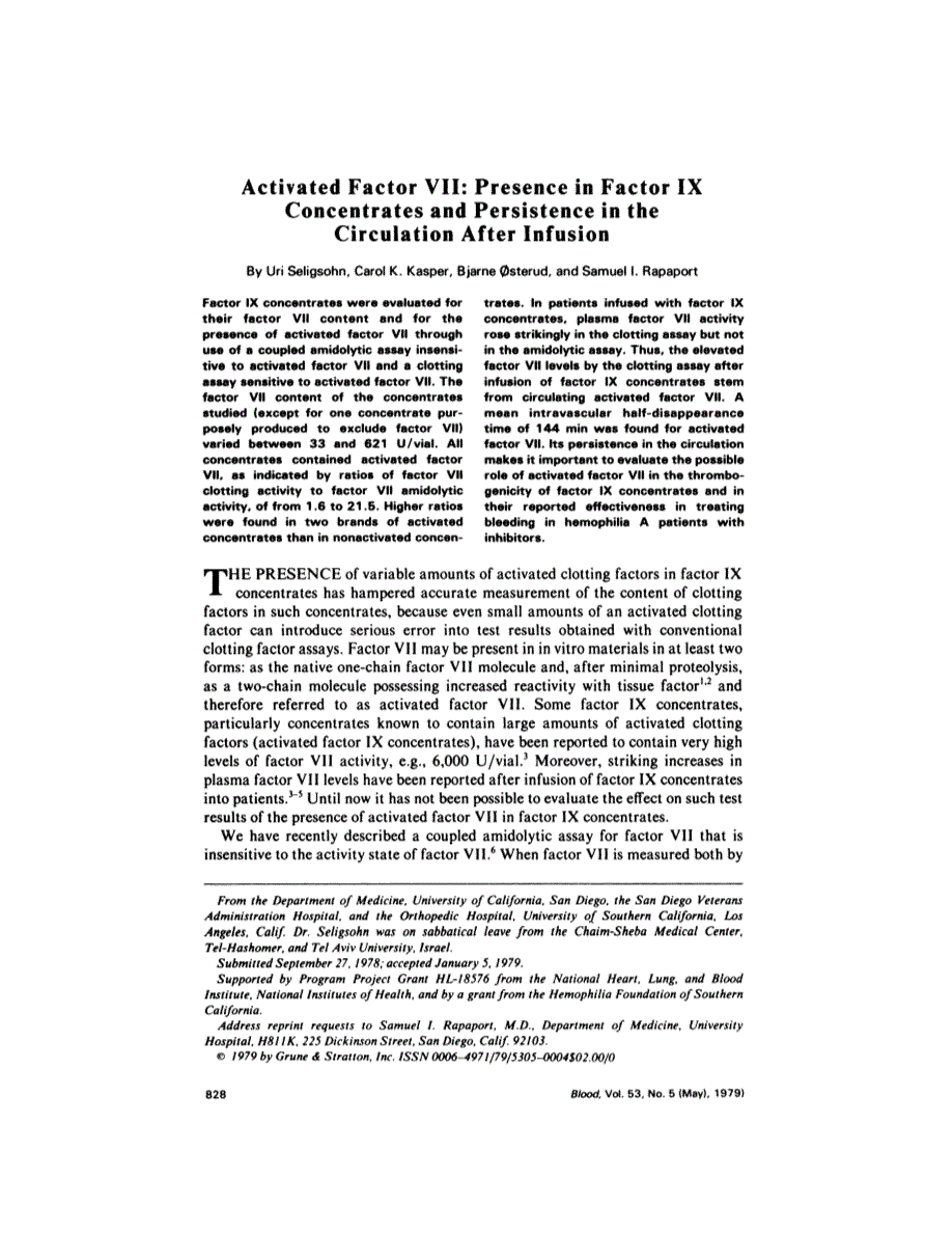 First page of Activated factor VII: presence in factor IX concentrates and persistence in the circulation after infusion