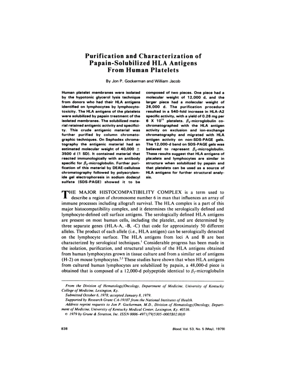 First page of Purification and characterization of papain-solubilized HLA antigens from human platelets