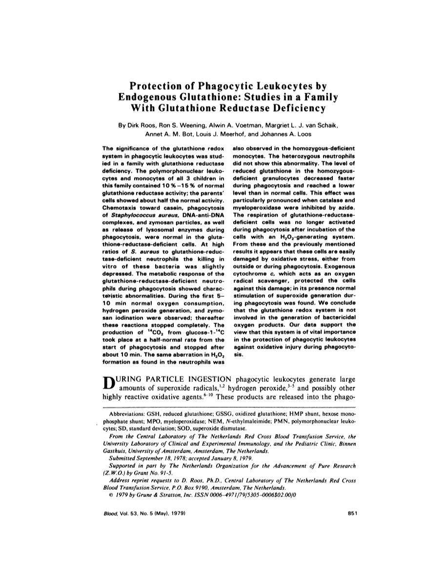 First page of Protection of phagocytic leukocytes by endogenous glutathione: studies in a family with glutathione reductase deficiency