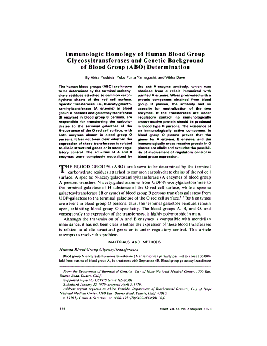 First page of Immunologic homology of human blood group glycosyltransferases and genetic background of blood group (ABO) determination