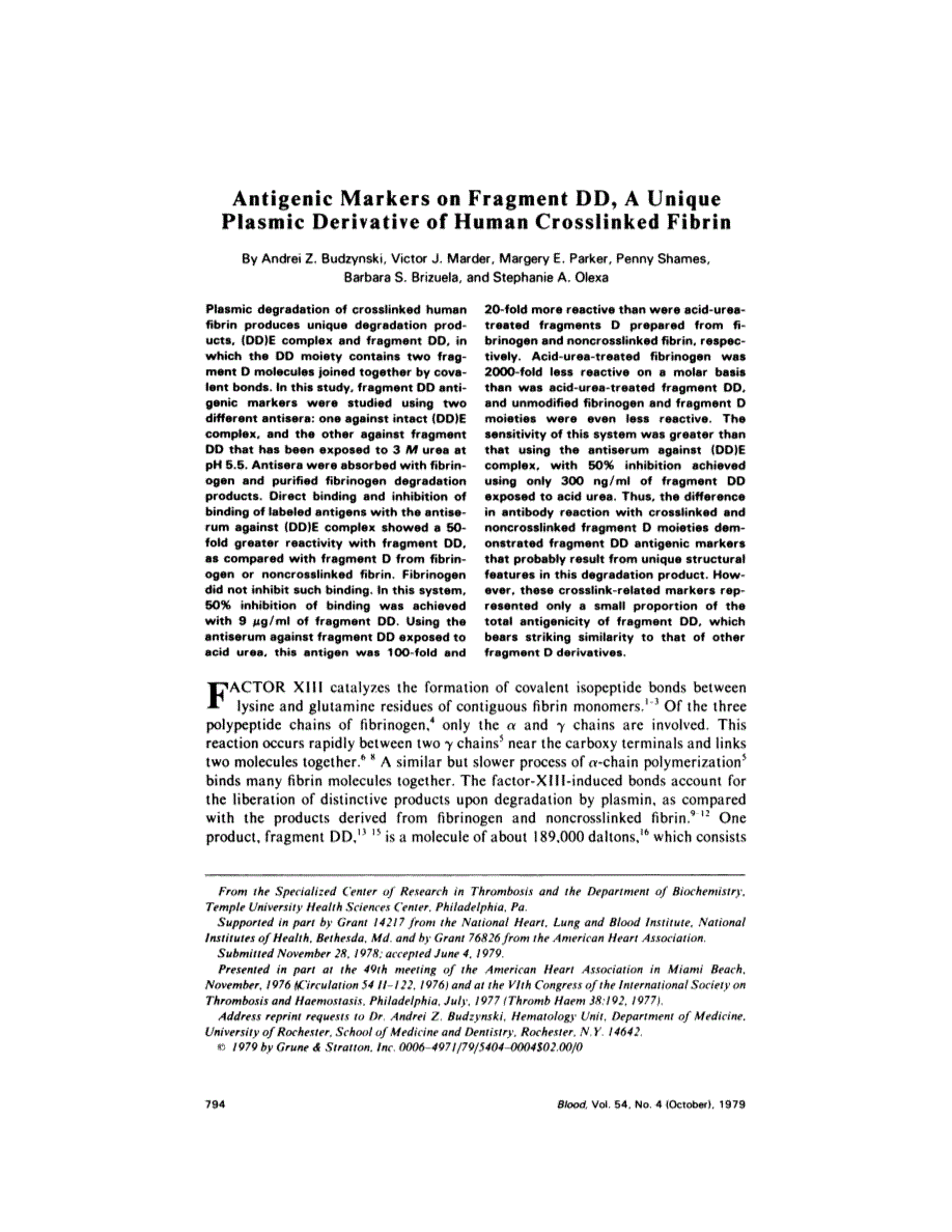 First page of Antigenic markers on fragment DD, a unique plasmic derivative of human crosslinked fibrin
