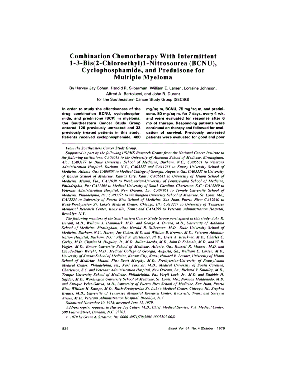First page of Combination chemotherapy with intermittent 1-3-bis(2-chloroethyl)1- nitrosourea (BCNU), cyclophosphamide, and prednisone for multiple myeloma