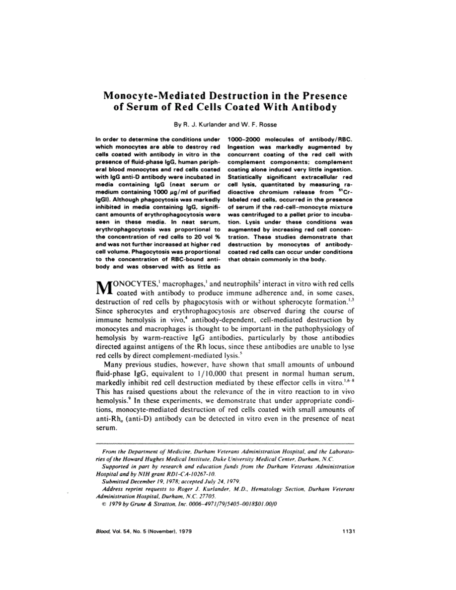 First page of Monocyte-mediated destruction in the presence of serum of red cells coated with antibody