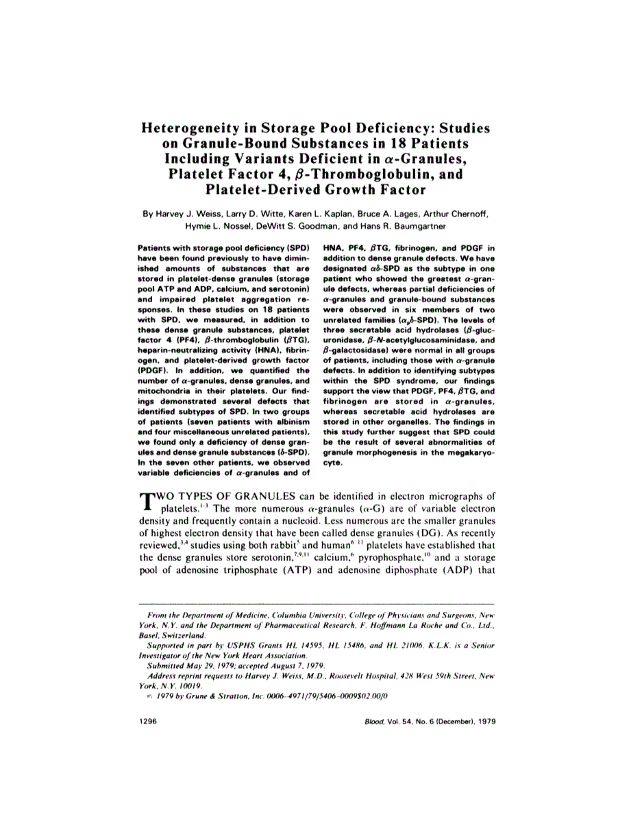 First page of Heterogeneity in storage pool deficiency: studies on granule-bound substances in 18 patients including variants deficient in alpha- granules, platelet factor 4, beta-thromboglobulin, and platelet-derived growth factor