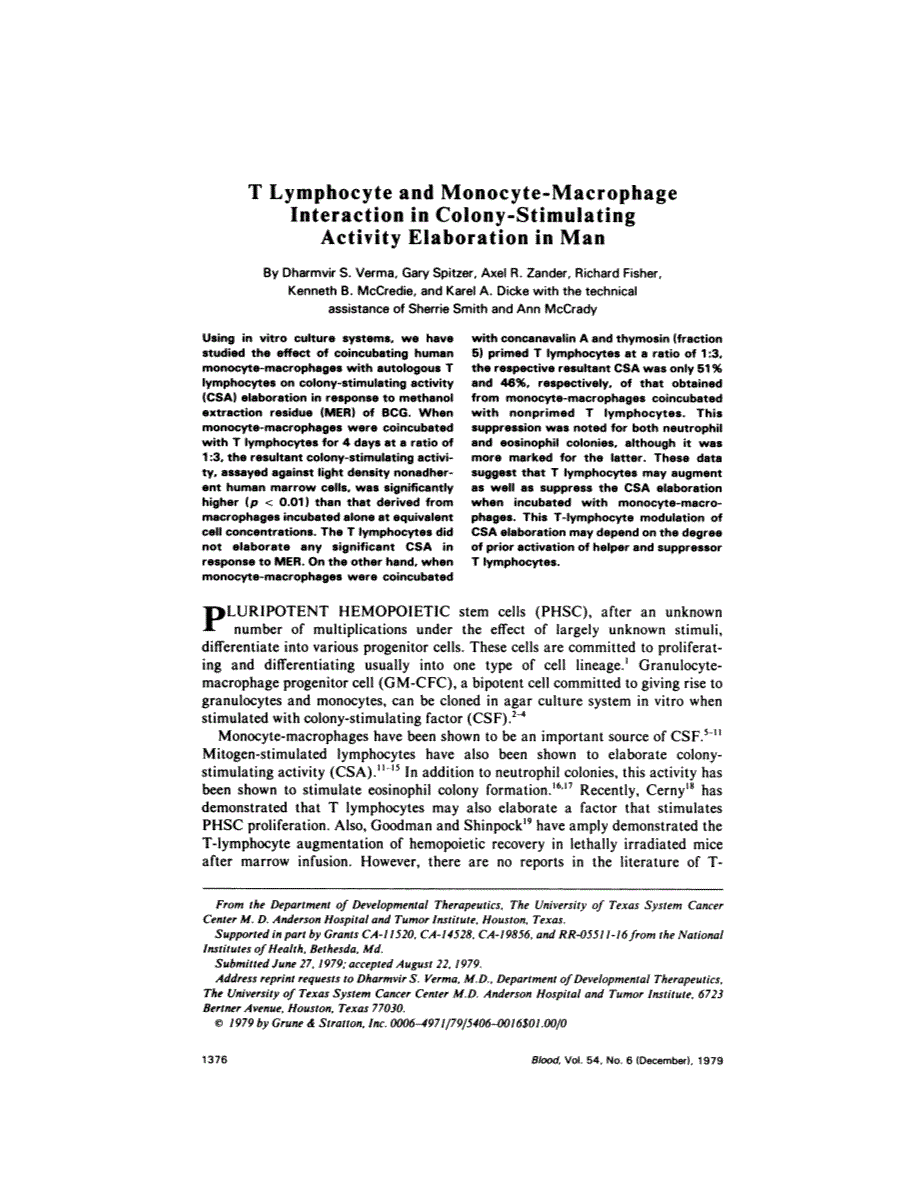 First page of T lymphocyte and monocyte-macrophage interaction in colony-stimulating activity elaboration in man