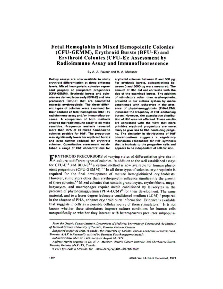 First page of Fetal hemoglobin in mixed hemopoietic colonies (CFU-GEMM), erythroid bursts (BFU-E) and erythroid colonies (CFU-E): assessment by radioimmune assay and immunofluorescence