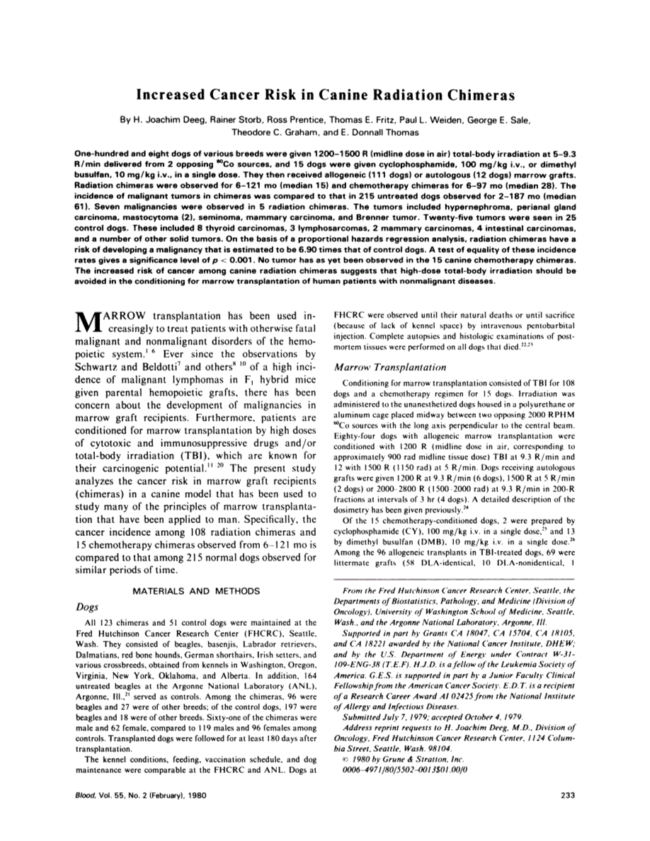 First page of Increased cancer risk in canine radiation chimeras