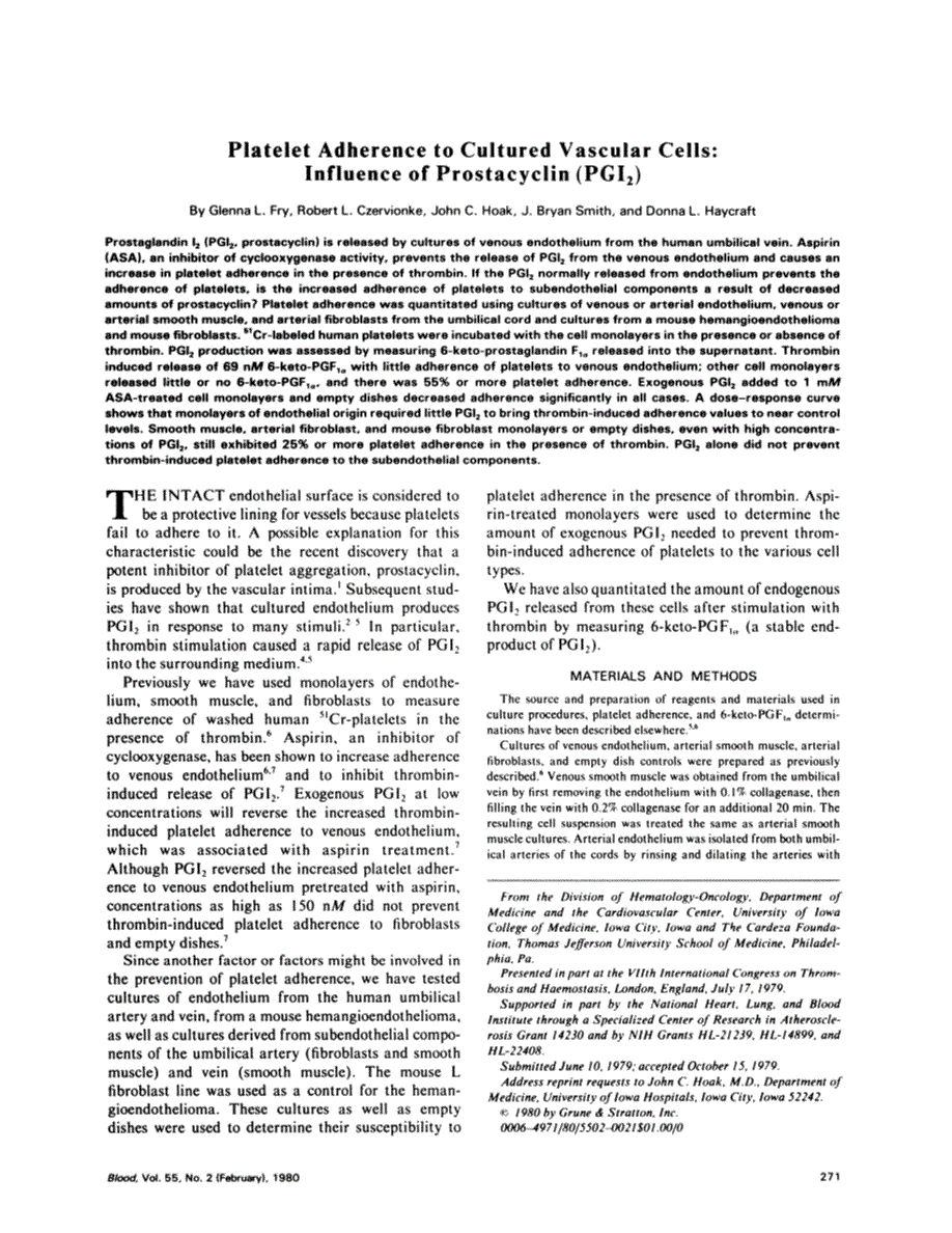 First page of Platelet adherence to cultured vascular cells: influence of prostacyclin (PGI2)
