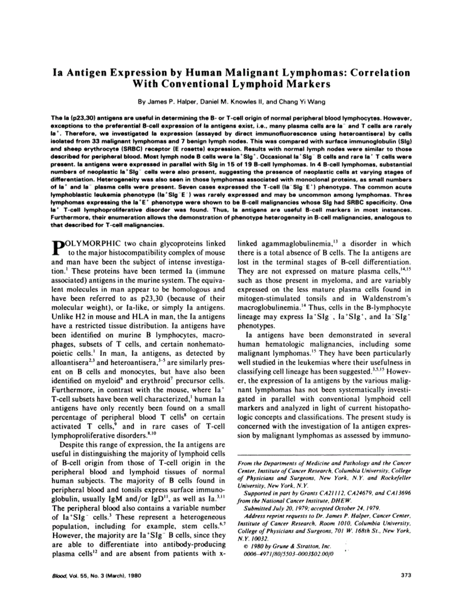 First page of Ia antigen expression by human malignant lymphomas: correlation with conventional lymphoid markers