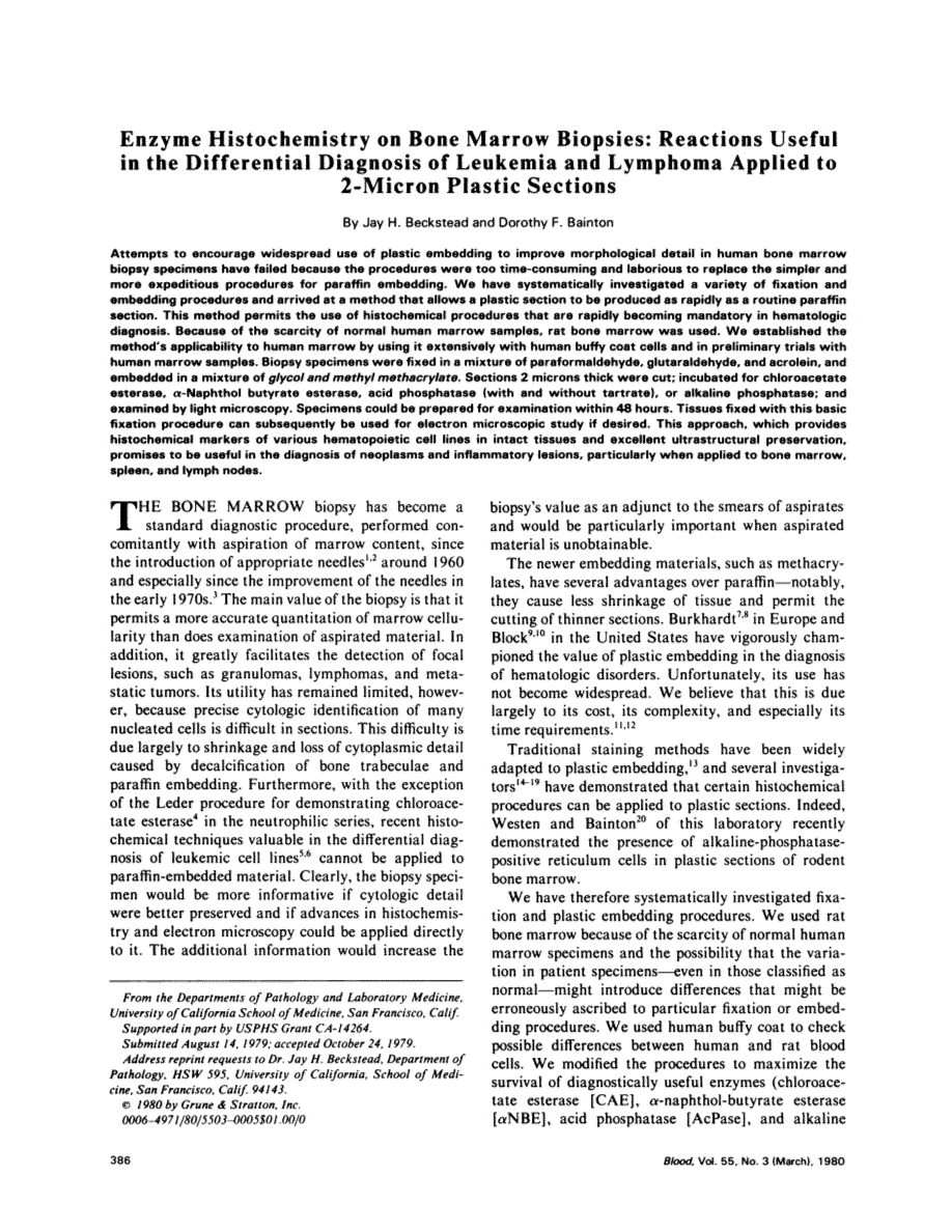 First page of Enzyme histochemistry on bone marrow biopsies: reactions useful in the differential diagnosis of leukemia and lymphoma applied to 2-micron plastic sections