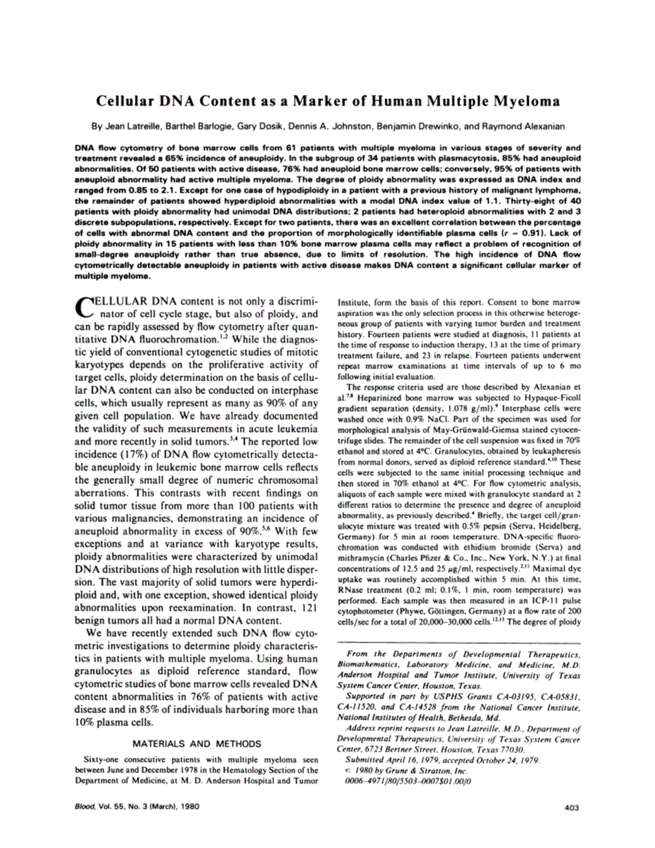 First page of Cellular DNA content as a marker of human multiple myeloma