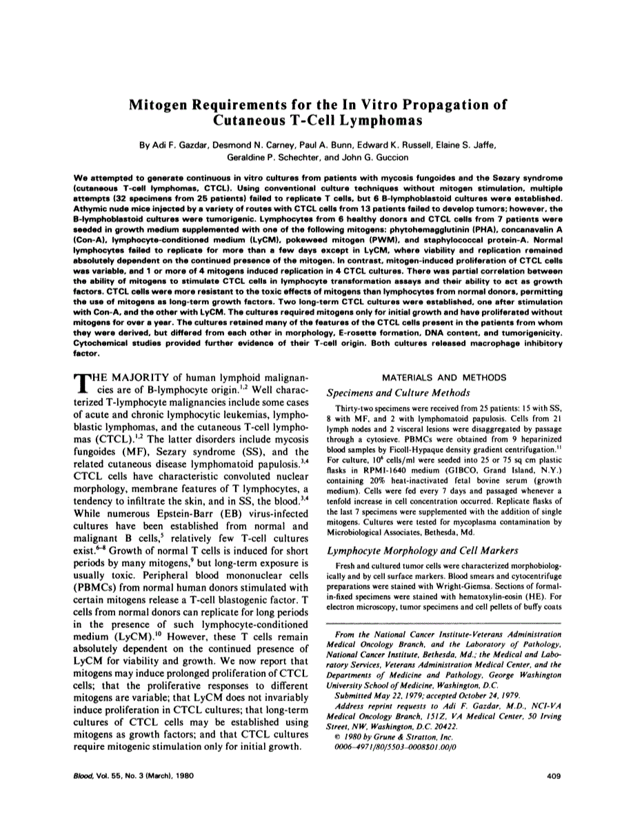 First page of Mitogen requirements for the in vitro propagation of cutaneous T-cell lymphomas