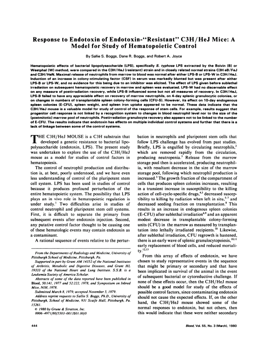 First page of Response to endotoxin of endotoxin-"resistant" C3H/HeJ mice: a model for study of hematopoietic control