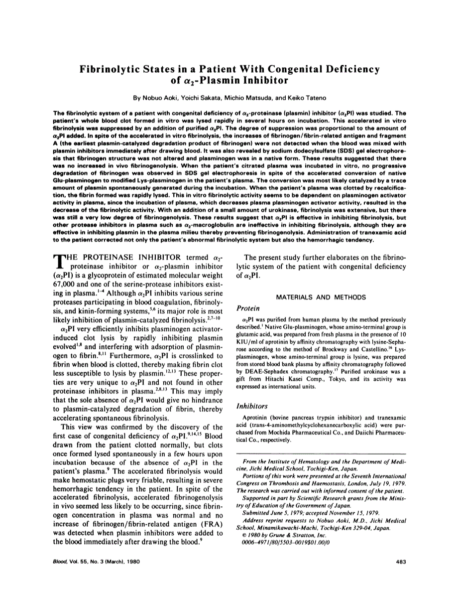 First page of Fibrinolytic states in a patient with congenital deficiency of alpha 2- plasmin inhibitor