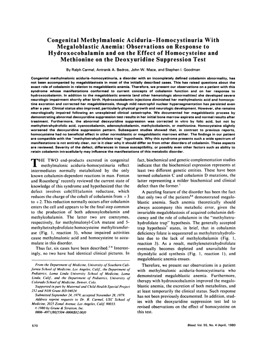 First page of Congenital methylmalonic aciduria--homocystinuria with megaloblastic anemia: observations on response to hydroxocobalamin and on the effect of homocysteine and methionine on the deoxyuridine suppression test