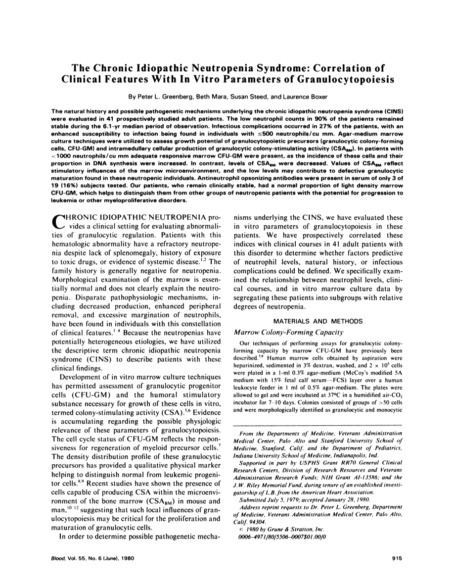 First page of The chronic idiopathic neutropenia syndrome: correlation of clinical features with in vitro parameters of granulocytopoiesis