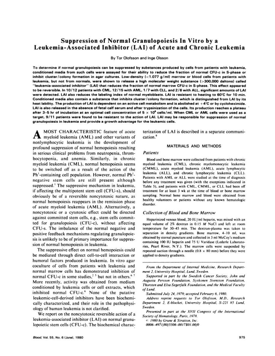 First page of Suppression of normal granulopoiesis in vitro by a leukemia-associated inhibitor (LAI) of acute and chronic leukemia