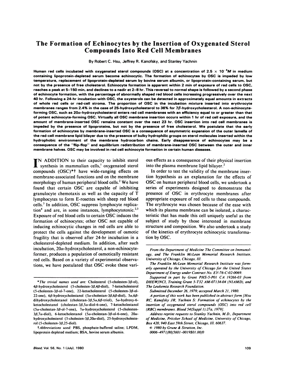 First page of The formation of echinocytes by the insertion of oxygenated sterol compounds into red cell membranes