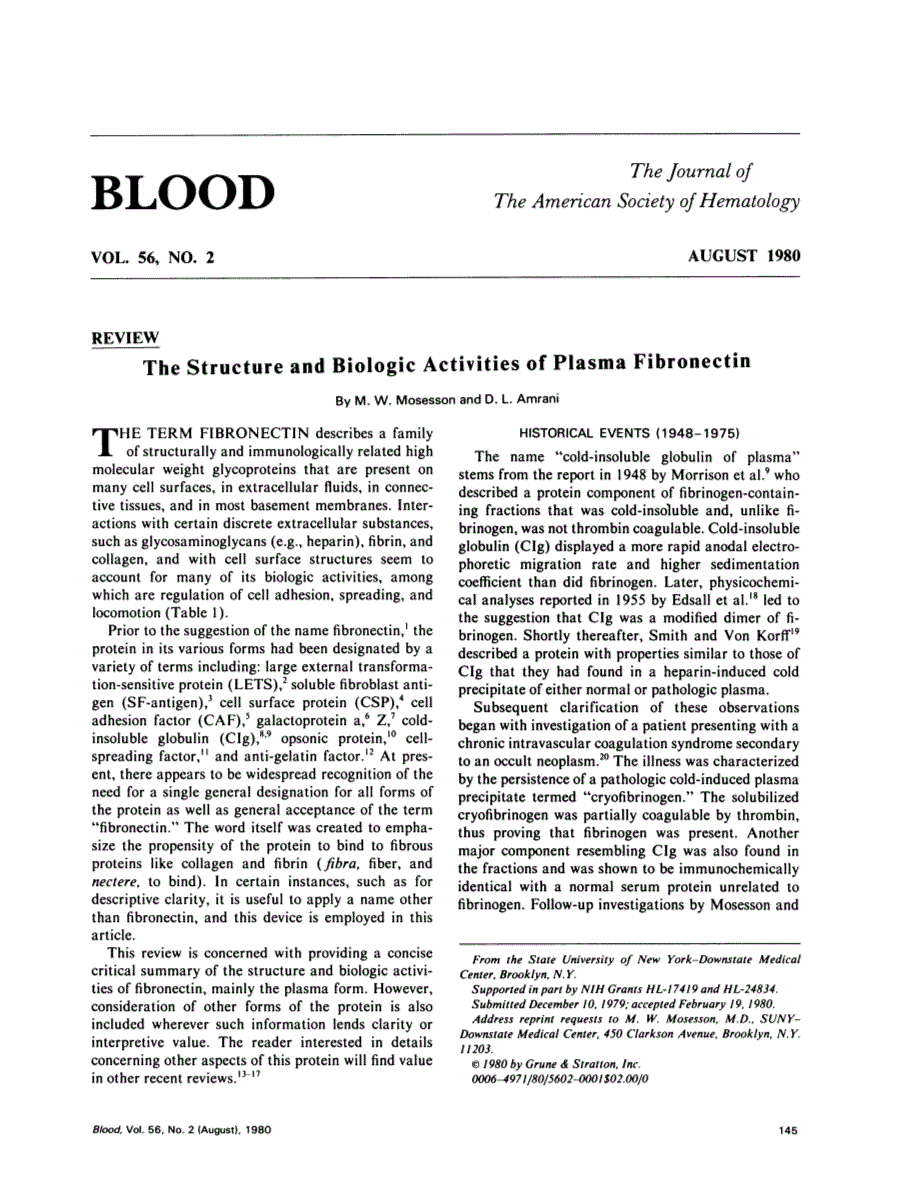 First page of The structure and biologic activities of plasma fibronectin