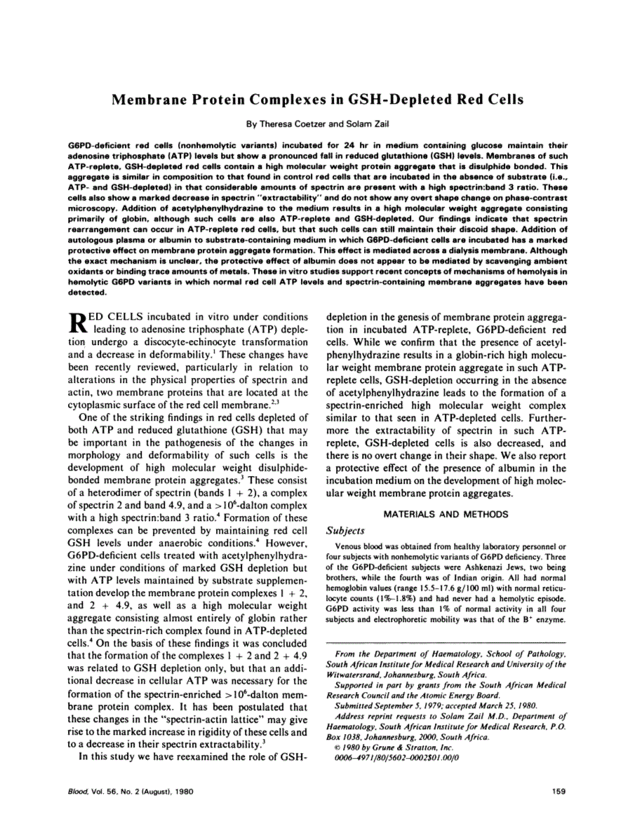 First page of Membrane protein complexes in GSH-depleted red cells