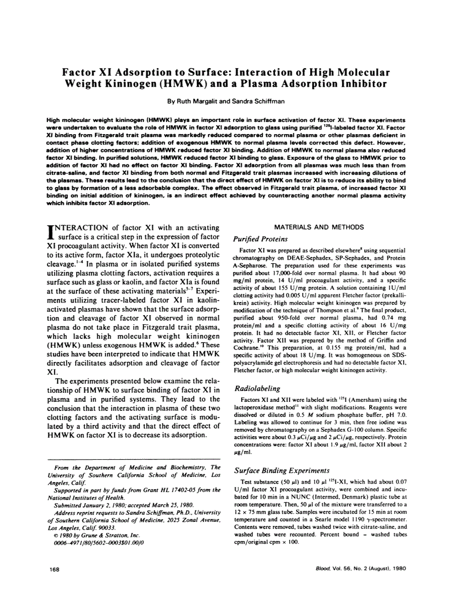 First page of Factor XI adsorption to surface: interaction of high molecular weight kininogen (HMWK) and a plasma adsorption inhibitor