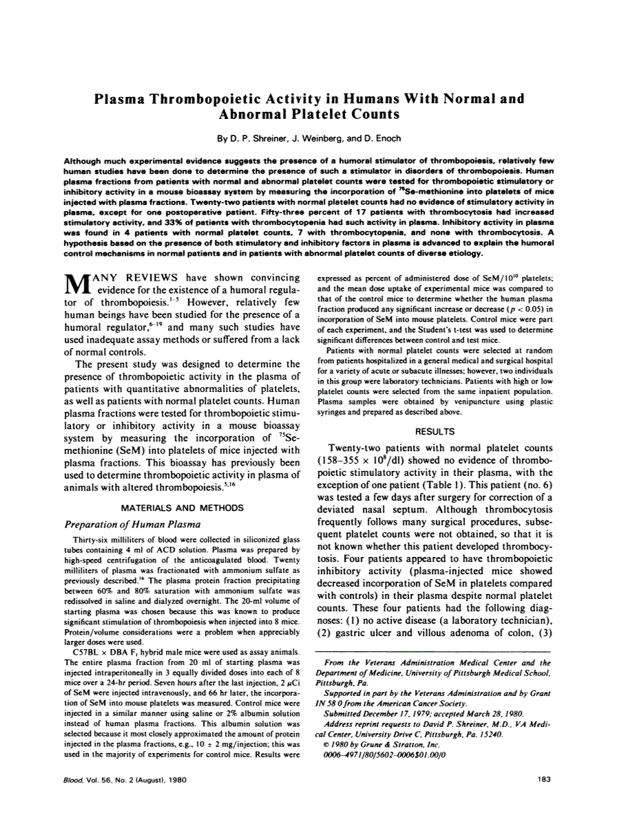 First page of Plasma thrombopoietic activity in humans with normal and abnormal platelet counts