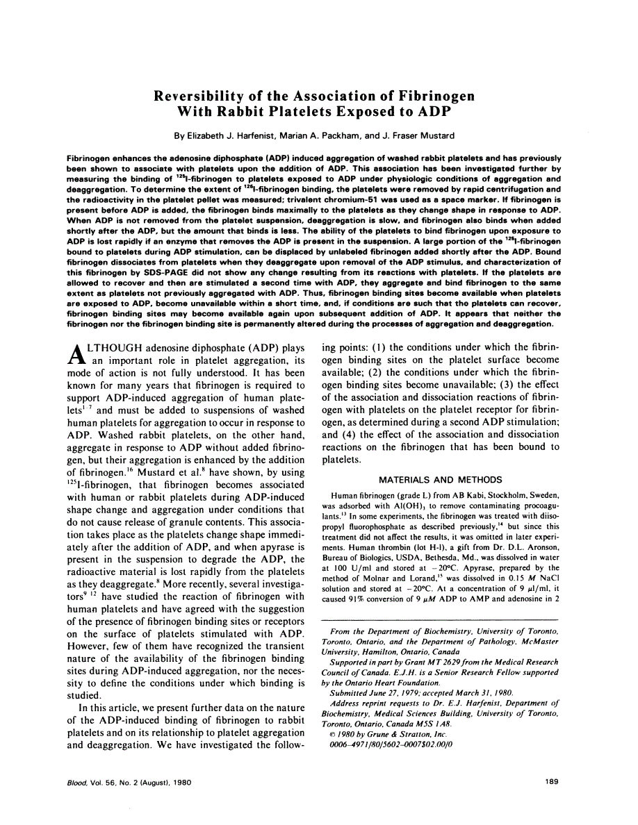 First page of Reversibility of the association of fibrinogen with rabbit platelets exposed to ADP