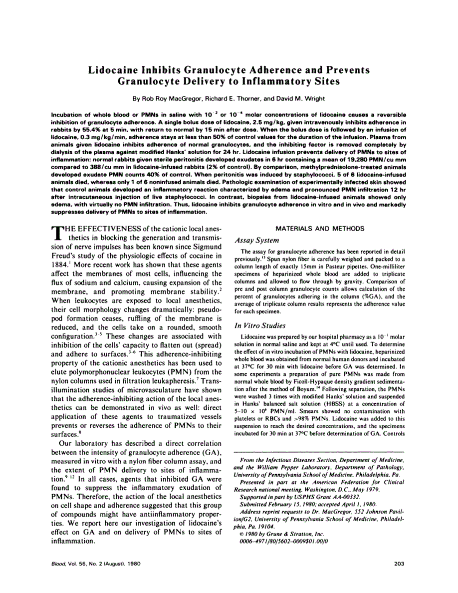 First page of Lidocaine inhibits granulocyte adherence and prevents granulocyte delivery to inflammatory sites