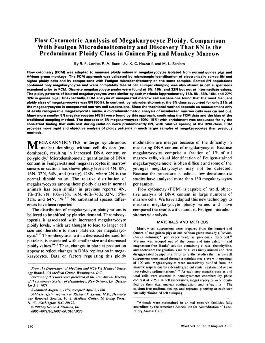 First page of Flow cytometric analysis of megakaryocyte ploidy. Comparison with Feulgen microdensitometry and discovery that 8N is the predominant ploidy class in guinea pig and monkey marrow