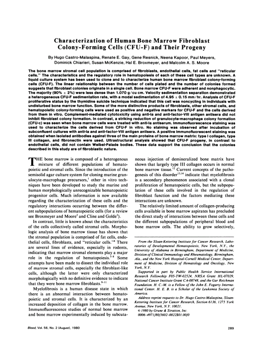 First page of Characterization of human bone marrow fibroblast colony-forming cells (CFU-F) and their progeny
