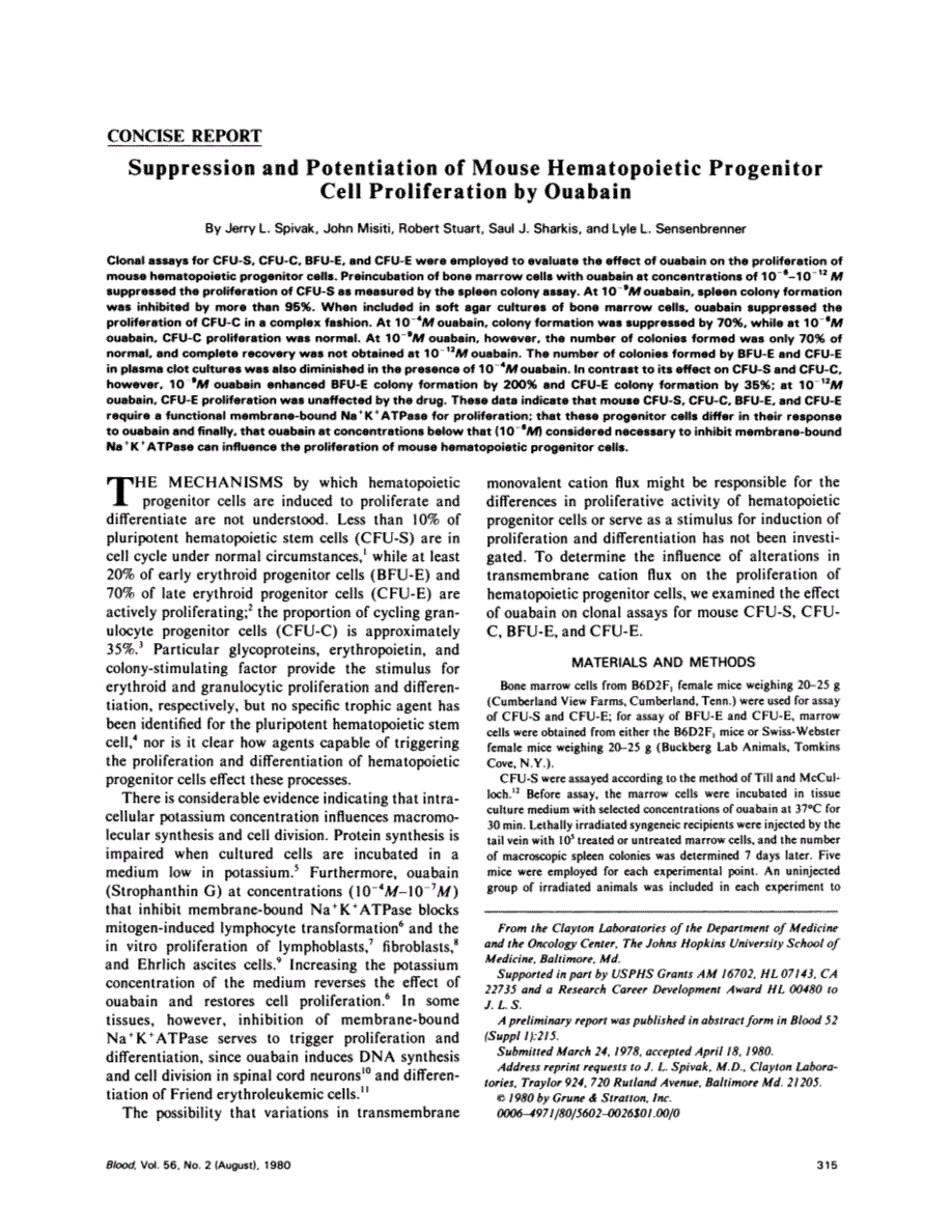 First page of Suppression and potentiation of mouse hematopoietic progenitor cell proliferation by ouabain