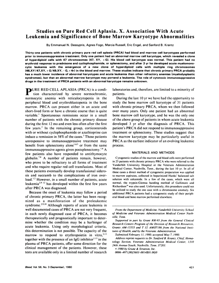 First page of Studies on pure red cell aplasia. X. Association with acute leukemia and significance of bone marrow karyotype abnormalities