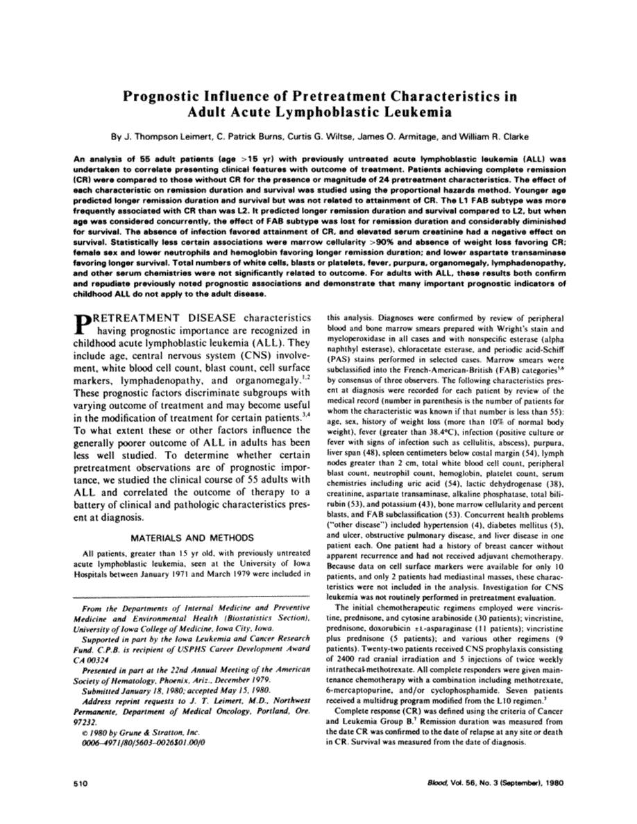 First page of Prognostic influence of pretreatment characteristics in adult acute lymphoblastic leukemia