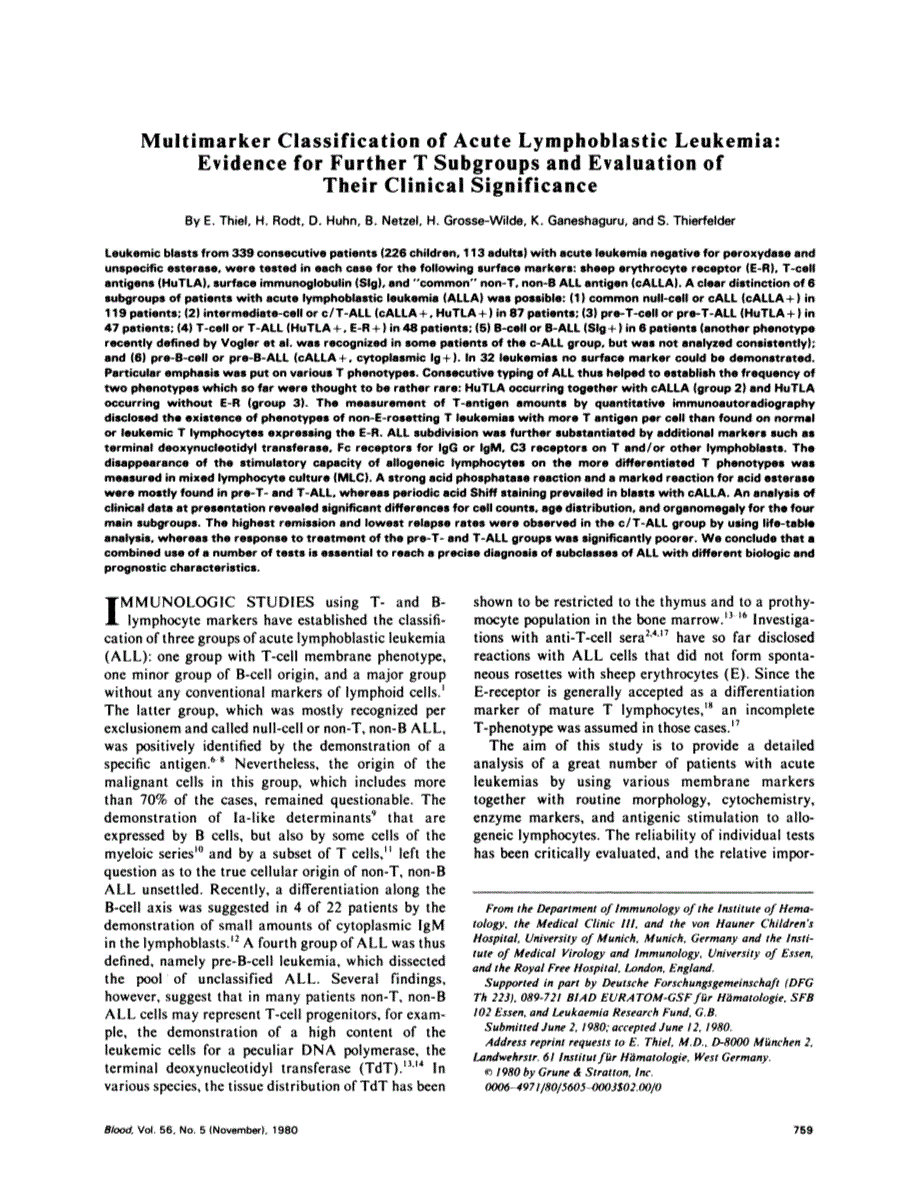 First page of Multimarker classification of acute lymphoblastic leukemia: evidence for further T subgroups and evaluation of their clinical significance