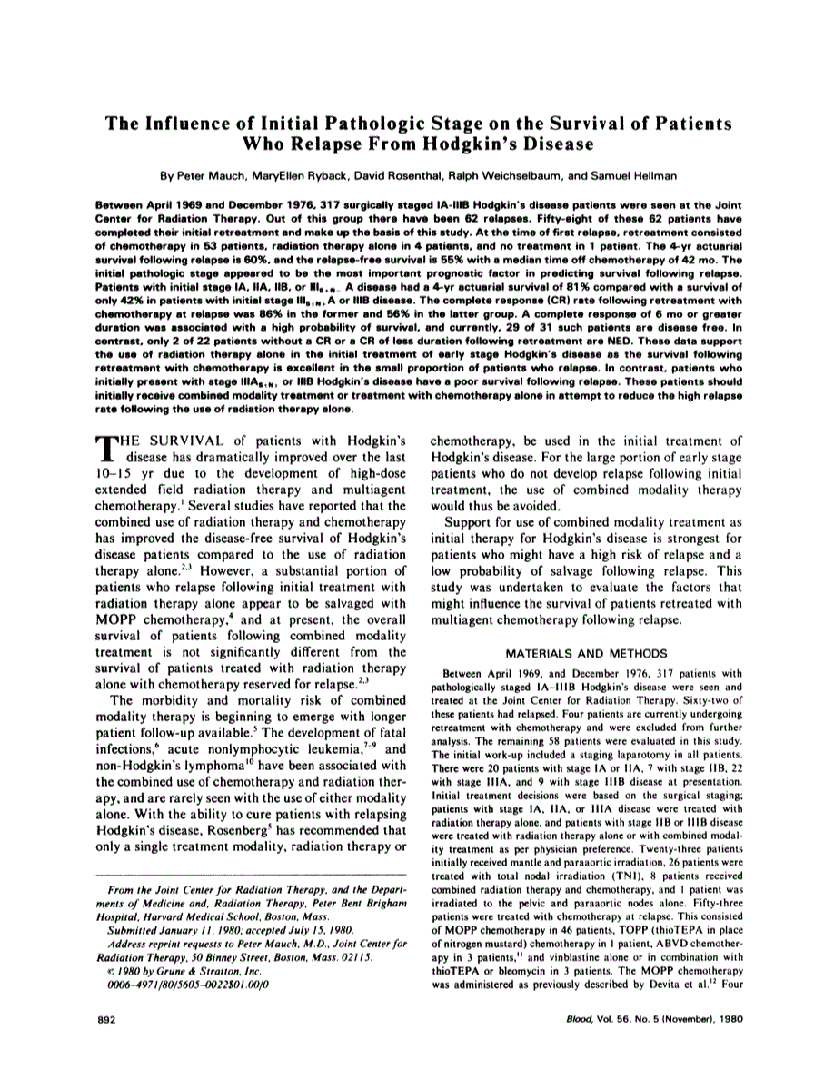 First page of The influence of initial pathologic stage on the survival of patients who relapse from Hodgkin's disease