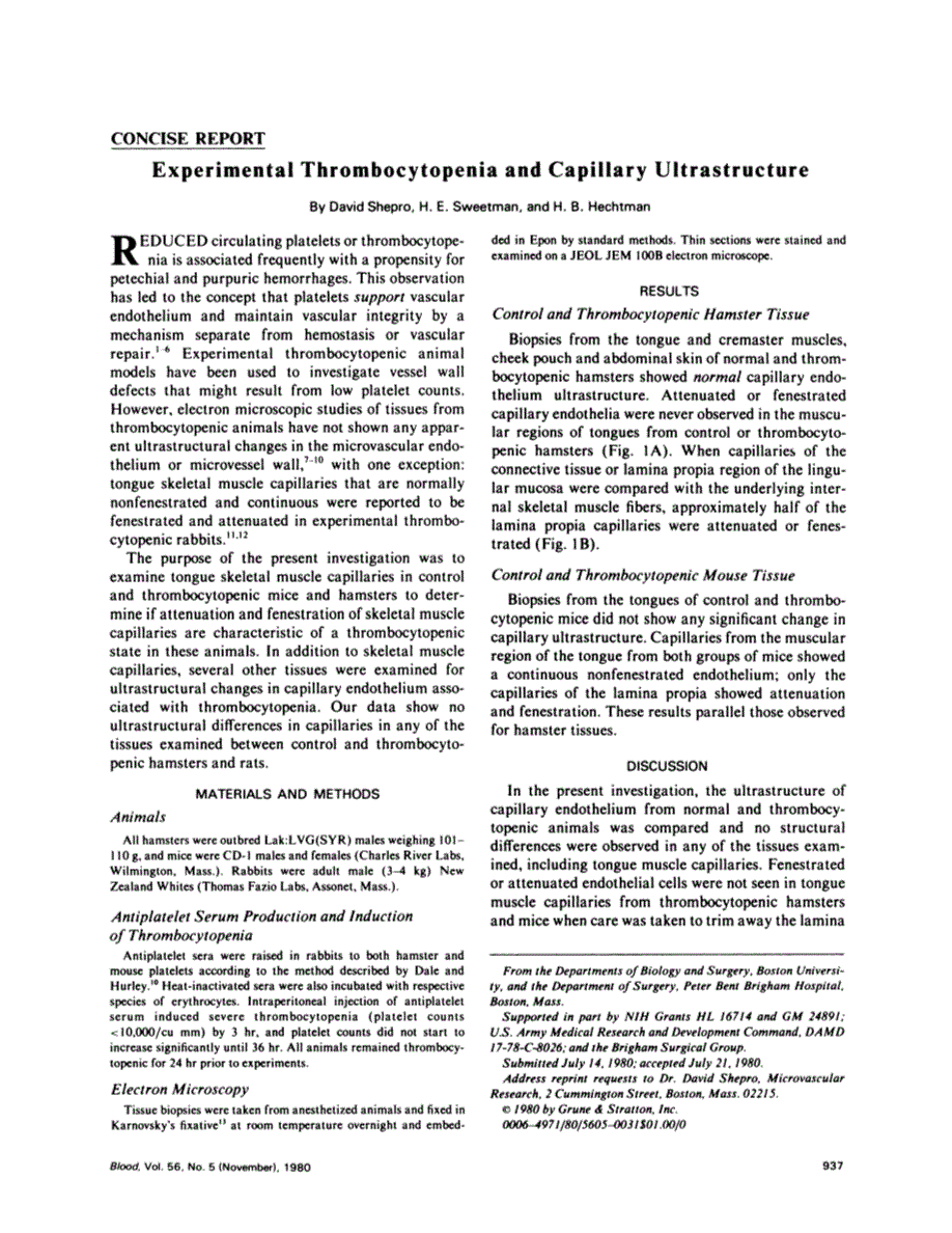 First page of Experimental thrombocytopenia and capillary ultrastructure
