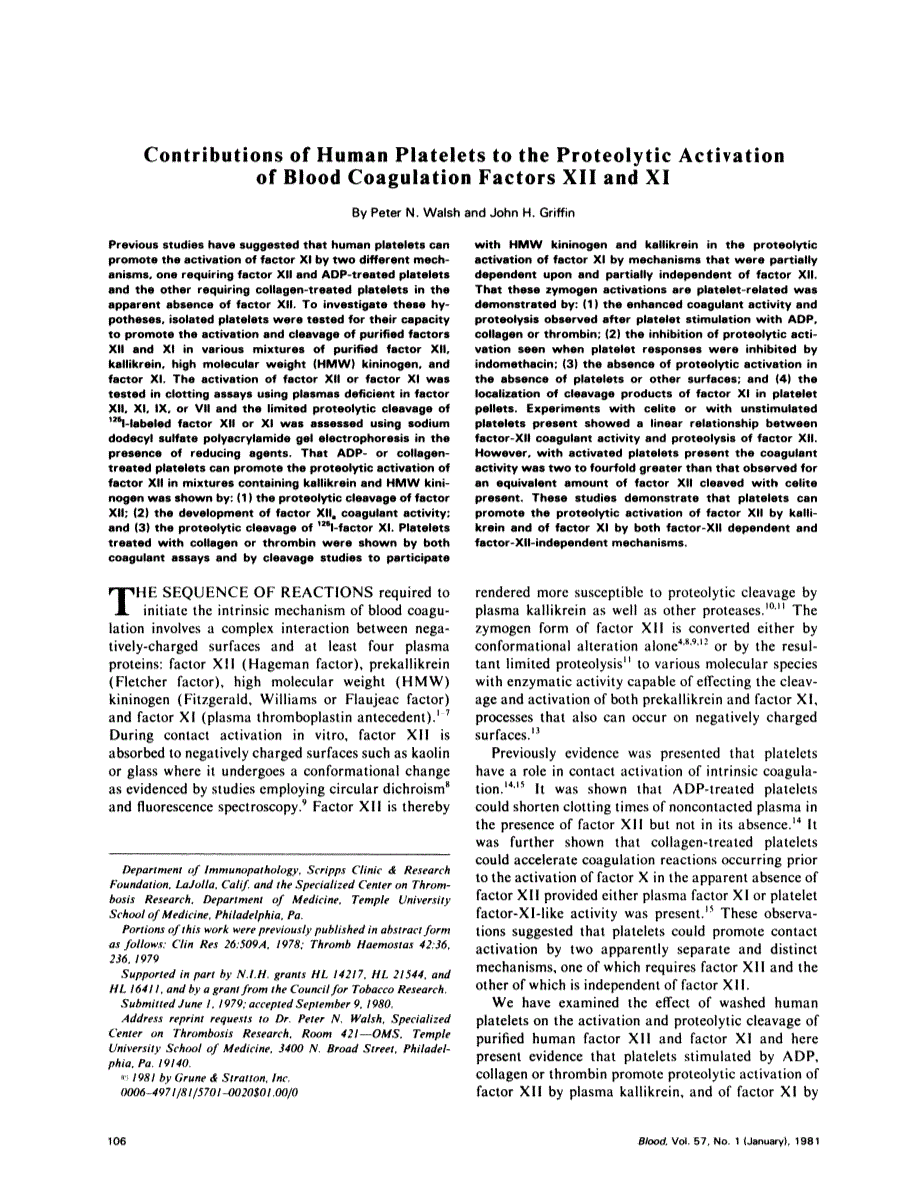 First page of Contributions of human platelets to the proteolytic activation of blood coagulation factors XII and XI