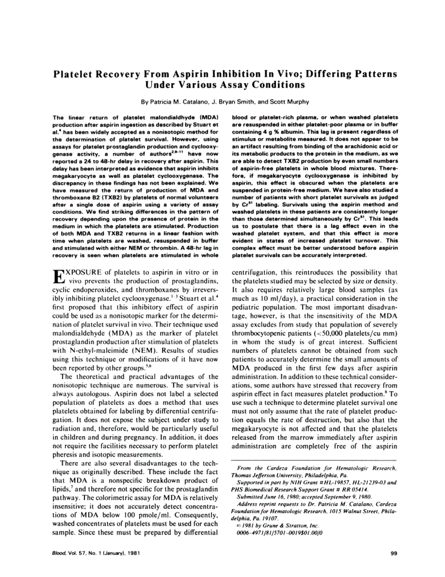First page of Platelet recovery from aspirin inhibition in vivo; differing patterns under various assay conditions