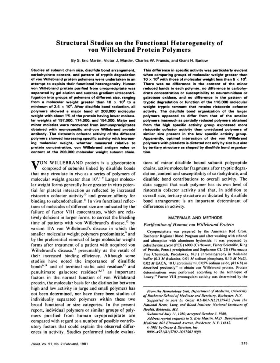 First page of Structural studies of the functional heterogeneity of von Willebrand protein polymers