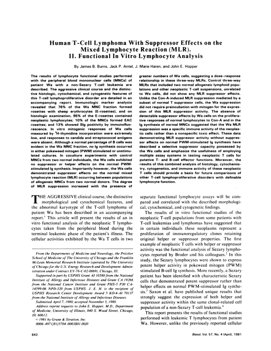 First page of Human T-cell lymphoma with suppressor effects on the mixed lymphocyte reaction (MLR). II. Functional in vitro lymphocyte analysis