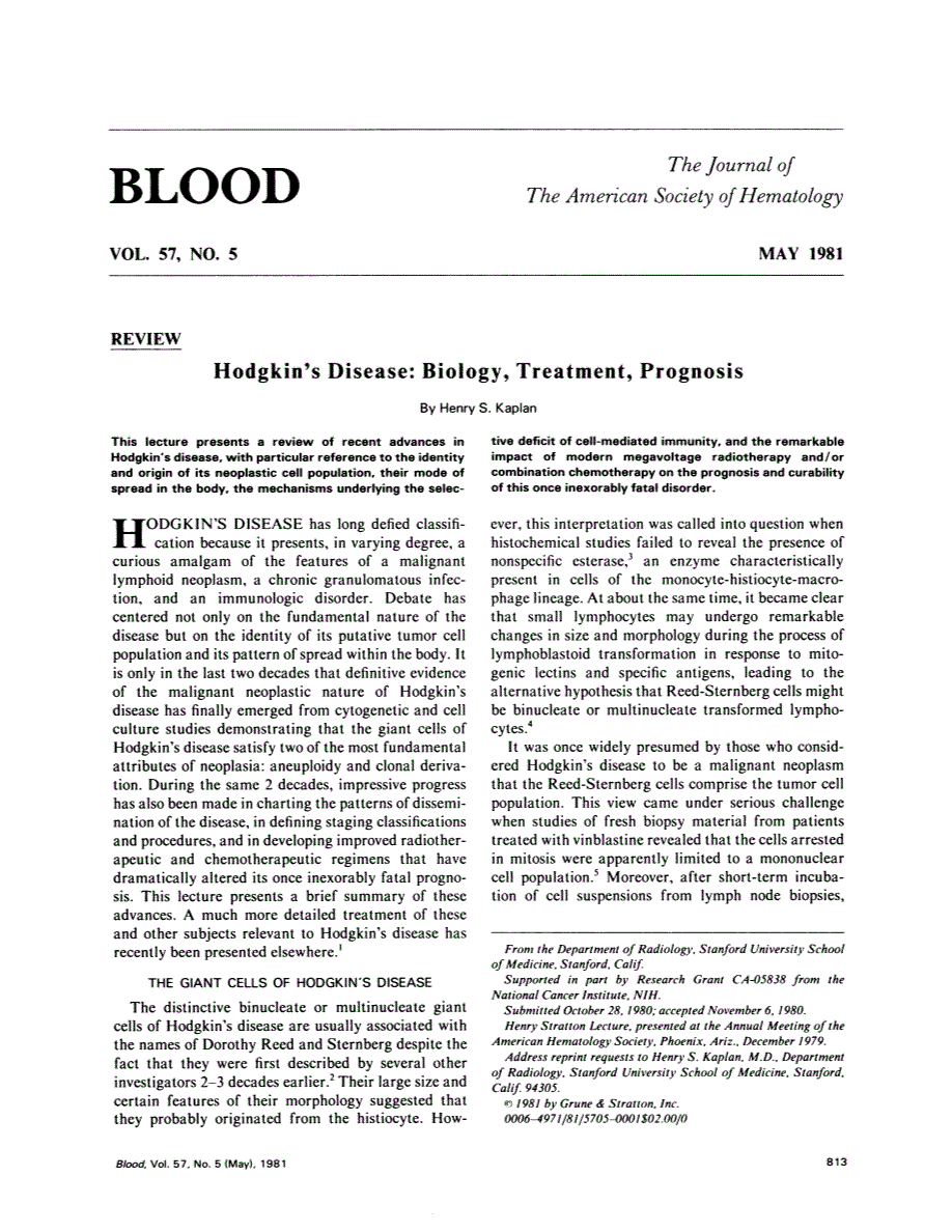 First page of Hodgkin's disease: biology, treatment, prognosis