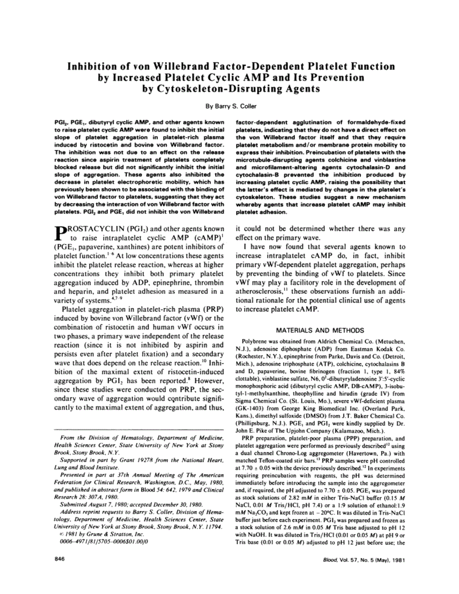 First page of Inhibition of von Willebrand factor-dependent platelet function by increased platelet cyclic AMP and its prevention by cytoskeleton- disrupting agents