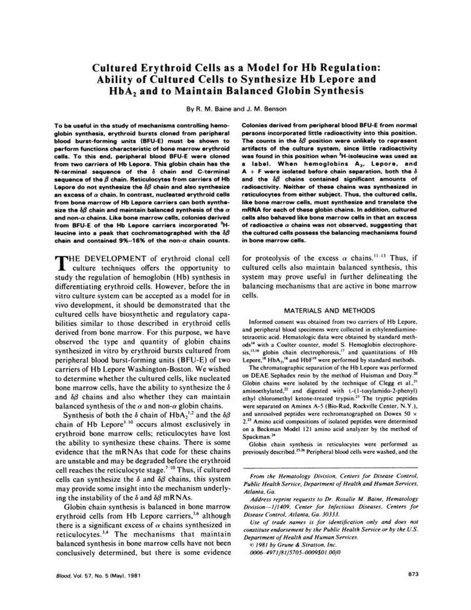 First page of Cultured erythroid cells as a model for Hb regulation: ability of cultured cells to synthesize Hb lepore and HbA2 and to maintain balanced globin synthesis