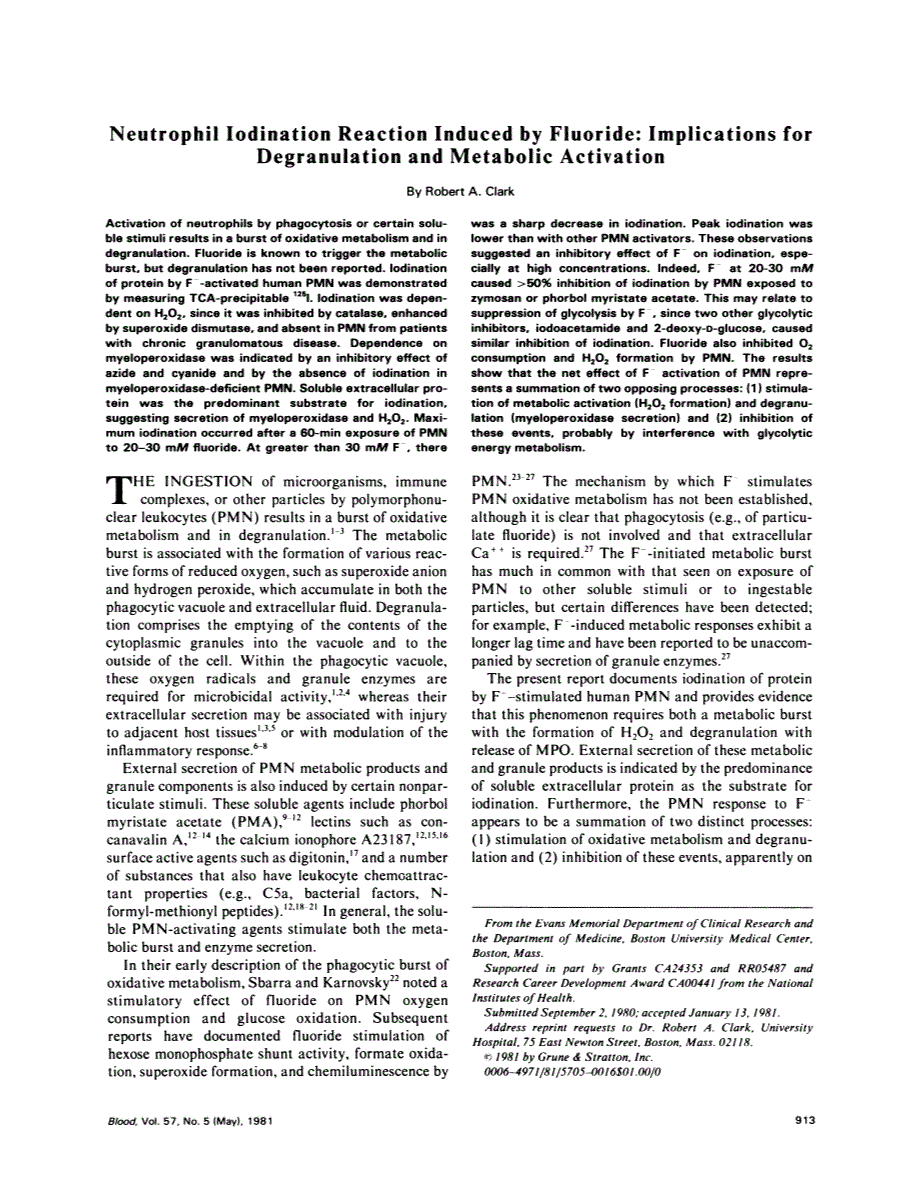 First page of Neutrophil iodination reaction induced by fluoride: implications for degranulation and metabolic activation
