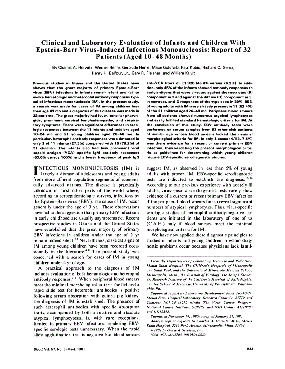 First page of Clinical and laboratory evaluation of infants and children with Epstein- Barr virus-induced infectious mononucleosis: report of 32 patients (aged 10-48 months)