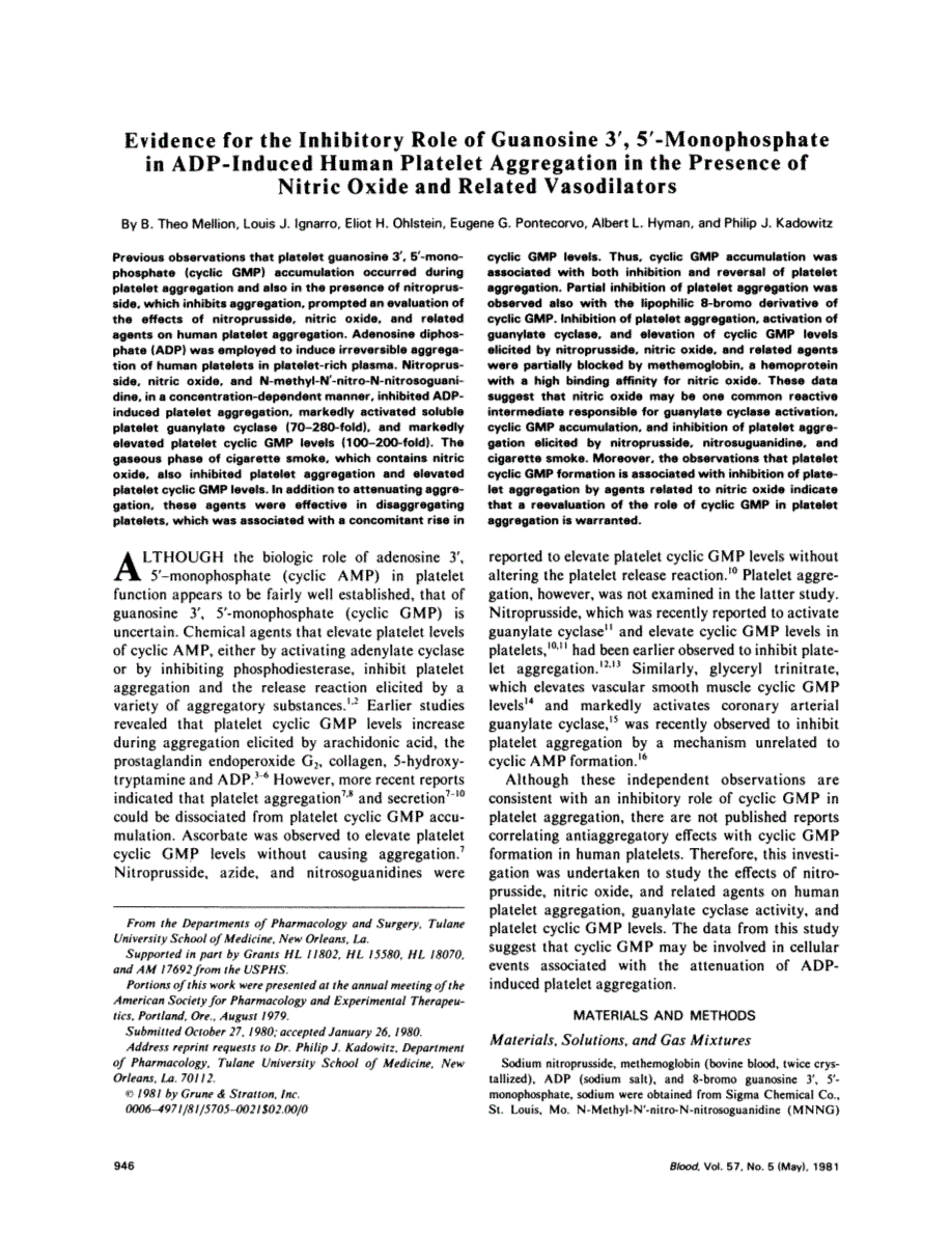 First page of Evidence for the inhibitory role of guanosine 3', 5'-monophosphate in ADP-induced human platelet aggregation in the presence of nitric oxide and related vasodilators