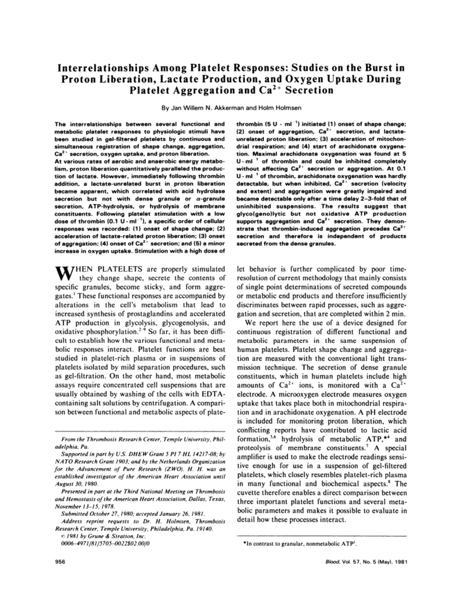 First page of Interrelationships among platelet responses: studies on the burst in proton liberation, lactate production, and oxygen uptake during platelet aggregation and Ca2+ secretion